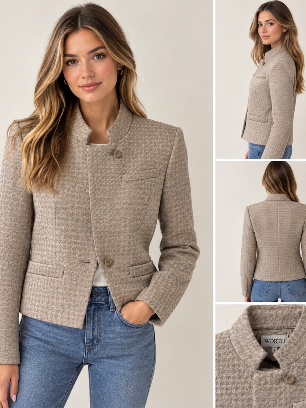 Worth Taupe Textured Stand-Collar Blazer